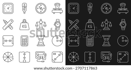 Set line Diagonal measuring, Radius, Wrist watch, Compass, Weight, Crossed ruler and pencil, Clock and Scales of justice icon. Vector