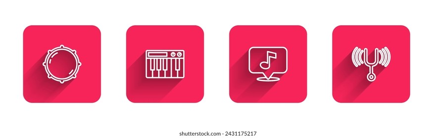 Set line Dial knob level, Music synthesizer, Musical note and tuning fork with long shadow. Red square button. Vector