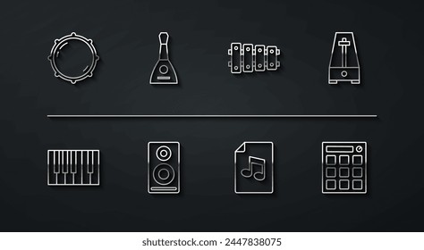 Set line Dial knob level, Grand piano, Metronome with pendulum, Music book note, Stereo speaker, Balalaika, Drum machine and Xylophone icon. Vector