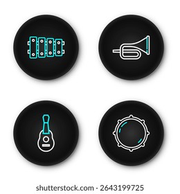 Set line Dial knob level, Guitar, Trumpet and Xylophone icon. Vector
