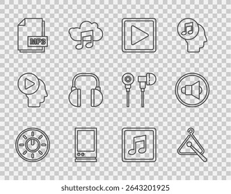 Set line Dial knob level technology settings, Triangle musical instrument, Play square, Voice assistant, MP3 file document, Headphones, Music note, tone and Speaker volume icon. Vector