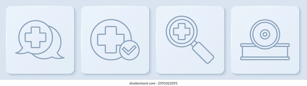 Set line Dialogue with the doctor, Magnifying glass for search medical, Cross hospital medical and Otolaryngological head reflector. White square button. Vector