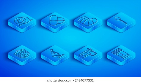 Set line Dialogue with the doctor, Medicine pill tablet, Gypsum, Microscope, Ultrasound, Sperm, Life insurance hand and bottle pills icon. Vector