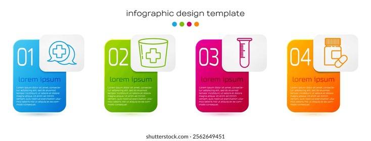 Set line Dialogue with the doctor, Nurse hat with cross, Test tube and flask and Medicine bottle and pills. Business infographic template. Vector