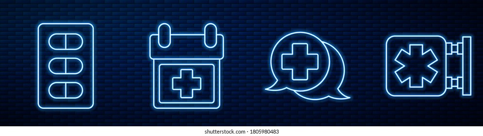 Set line Dialogue with the doctor, Pills in blister pack, Doctor appointment, Medical symbol of the Emergency and Medicine bottle and pills. Glowing neon icon on brick wall. Vector