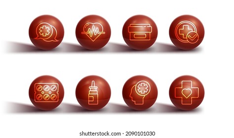 Set line Dialogue with the doctor, Pills in blister pack, Cross hospital medical, Male head, Bottle nasal spray, Heart rate, cross and Ointment cream tube medicine icon. Vector