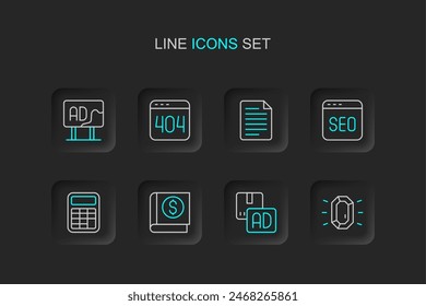 Set line Diamond, Advertising, Financial book, Calculator, SEO optimization, File document, Page with 404 error and  icon. Vector