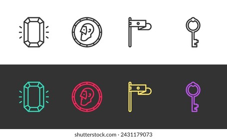 Set line Diamond, Ancient coin, Medieval flag and Old key on black and white. Vector