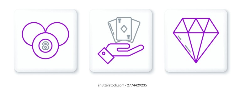 Set line Diamond, Billiard pool snooker 8 ball and Hand holding deck of playing cards icon. Vector