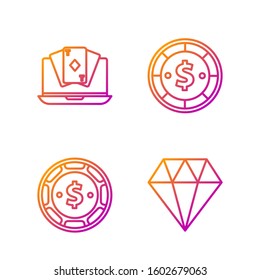 Set line Diamond, Casino chip with dollar, Online poker table game and Casino chip with dollar. Gradient color icons. Vector