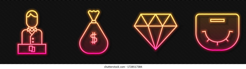 Set Line Diamond, Casino Dealer, Money Bag And Poker Table. Glowing Neon Icon. Vector