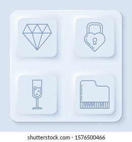 Set line Diamond, Castle in the shape of a heart, Glass of champagne and Grand piano. White square button. Vector