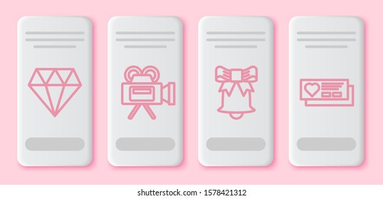 Set line Diamond, Cinema camera, Ringing bell and Ticket with heart. White rectangle button. Vector