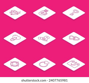 Set line Diamond, Coffee cup with 8 March, Key in heart shape, Heart light bulb, hand, Two Linked Hearts, the center target aim and Wedding rings icon. Vector