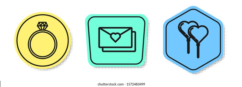 Set line Diamond engagement ring, Envelope with Valentine heart and Balloons in form of heart with ribbon. Colored shapes. Vector