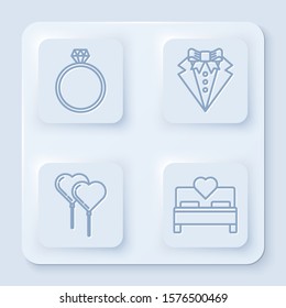 Set line Diamond engagement ring, Suit, Balloons in form of heart with ribbon and Bedroom. White square button. Vector
