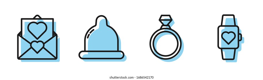 Fije la línea de anillo de compromiso de diamantes, sobre con el corazón de San Valentín, condón y corazón en el icono de reloj de pulsera central. Vector