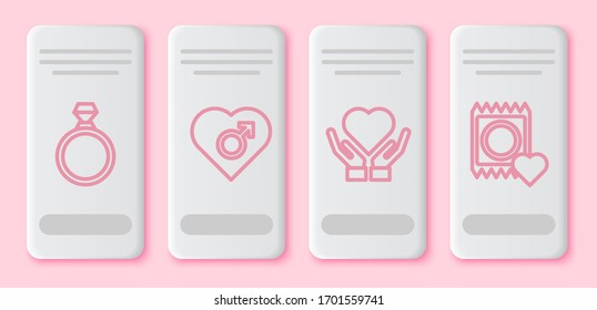Set line Diamond engagement ring, Heart with male gender, Heart on hand and Condom in package. White rectangle button. Vector