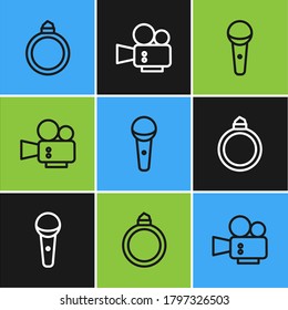 Fija la línea de anillo de compromiso de diamantes, ícono de cámara de micrófono y cine. Vector