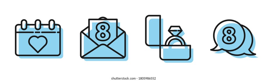 Fijar la línea Anillo de compromiso de diamantes, Calendario con 8 de marzo, Sobre con 8 de marzo y 8 de marzo en icono de burbuja de habla. Vector