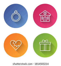 Fija la línea de anillo de compromiso de diamantes, edificio de la iglesia, corazón roto o divorcio y caja de regalo. Botón de círculo de color. Vector