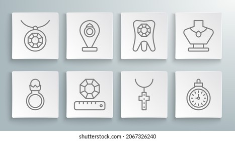 Set line Diamond engagement ring, Jewelry store, Gem stone, Christian cross chain, Pocket watch, Tooth with diamond, Necklace mannequin and Pendant necklace icon. Vector