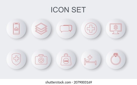 Fijar línea anillo de compromiso de diamantes, escudo médico con cruz, Chat, cama de hospital, carga de Smartphone, Capas, kit de primeros auxilios e icono de libras de peso. Vector