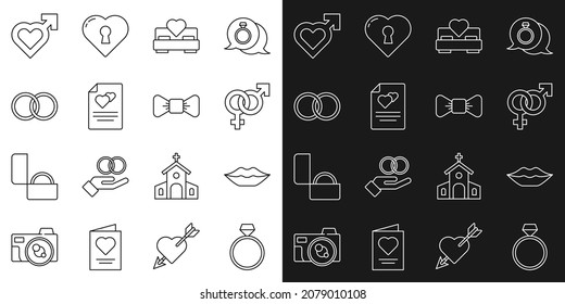 Fijar línea anillo de compromiso de diamantes, labios sonrientes, género, dormitorio, tarjeta de saludo, anillos de boda, corazón con género masculino e icono de corbata de vaca. Vector