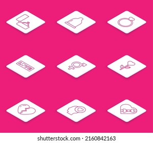 Fijar línea anillo de compromiso de diamantes, condón, anillos de boda, texto de amor, género, flor de forma de corazón, corazón roto y cabeza con icono. Vector