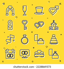 Fijar línea Anillo de compromiso de diamantes, Torta de bodas con corazón, Edificio de la Iglesia, sombrero de cilindro, Forma de clave, Por favor no molestar, arco y icono de dos corazones vinculados. Vector