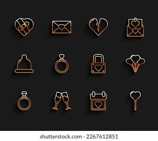Set line Diamond engagement ring, Glass of champagne, Candy heart shaped box, Calendar with, Balloons form, Wedding rings,  and Lock icon. Vector
