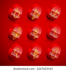 Set line Diamond engagement ring, Church building, Calendar, Wedding rings, Tie, Balloons form of heart and  icon. Vector