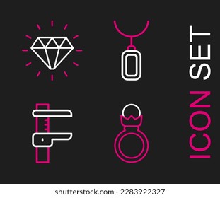 Set line Diamond engagement ring, Calliper or caliper and scale, Pendant necklace and  icon. Vector