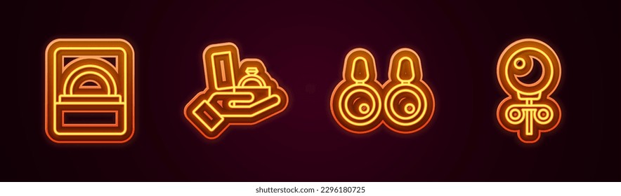 Fijar la línea de anillo de compromiso de diamantes en caja, pendientes de arados y aretes de moño. Icono de neón brillante. Vector