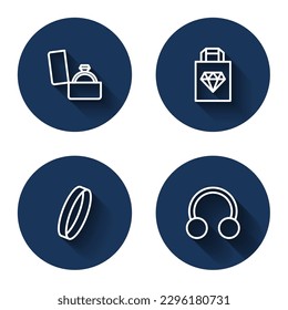 Fijar la línea de anillo de compromiso de diamantes en caja, joyería de bolsos de compras, Boda y Piercing con sombra larga. Botón de círculo azul. Vector
