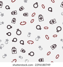Fija la línea de anillo de compromiso de diamantes, joyas de bolsos de compras, pendientes de stud y pulsera en un patrón sin fisuras. Vector