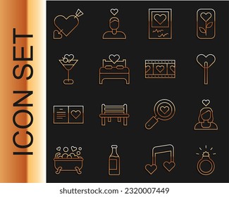 Set line Diamond engagement ring, Couple love, Lollipop, Photo frames and hearts, Bedroom, Martini glass, Amour with arrow and Play Video icon. Vector