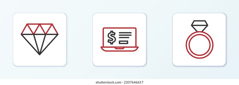 Fijar la línea de anillo de compromiso de diamantes y Laptop con icono de dólar. Vector