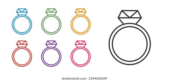 Establecer la línea Icono del anillo de compromiso de diamantes aislado en fondo blanco. Indique los iconos en colores. Vector