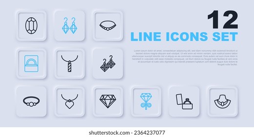 Set Linie Diamond Verlobungsring in Box, Necklace Mannequin, Pendant Halskette, Stud Ohrringe, mit Herzform, Ohrringe und Ikone. Vektorgrafik