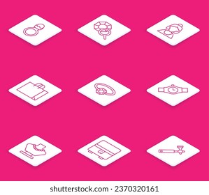 Set line Diamond engagement ring, Gem stone, Consultant of jewelry store, Shopping bag, Wrist watch, Necklace mannequin and Jewelry box icon. Vector