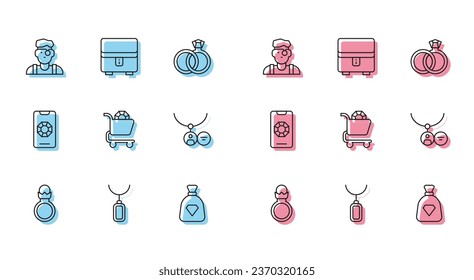 Set line Diamond engagement ring, Pendant necklace, Jeweler man, Bag with gems, Jewelry online shopping, Locket,  and box icon. Vector