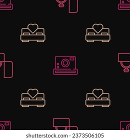 Ajuste la línea de anillo de compromiso de diamantes, dormitorio y cámara fotográfica en un patrón sin fisuras. Vector