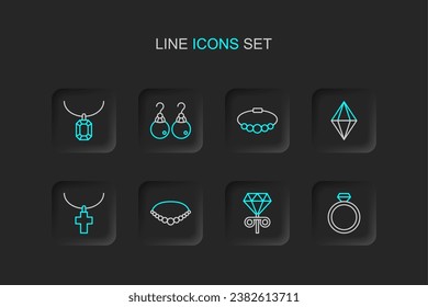 Fija la línea Anillo de compromiso de diamantes, Anillos de stud, collar de perlas, cadena de cruz cristiana, piedra de gema, joyas de pulsera, arados e ícono de Pendant. Vector
