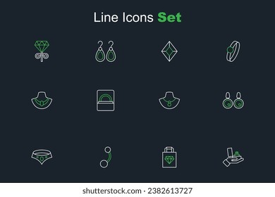 Set Linie Diamond Verlobungsring in Box, Shopping-Taschen Schmuck, Piercing, Necklace, Ohrringe, Mannequin und Symbol. Vektorgrafik