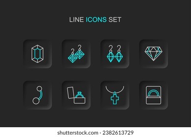 Set line Diamond engagement ring in box, Christian cross chain, Piercing, Earrings,  and Gem stone icon. Vector