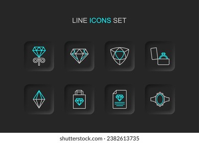 Fija la línea anillo de compromiso de diamantes, certificado del diamante, joyería de bolsos de compras, piedra de gema, caja e icono de pendientes de stud. Vector