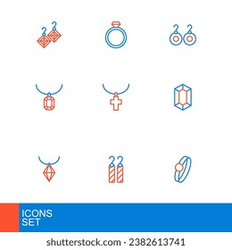 Set line Diamond Verlobungsring, Ohrringe, Pendant Halskette, Gem Stein, christliche Kreuzung und Symbol. Vektorgrafik