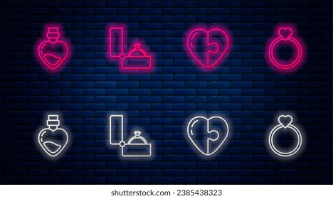 Set line Diamond engagement ring, Heart, Bottle with love potion and Wedding rings. Glowing neon icon on brick wall. Vector