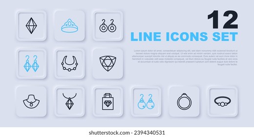 Set line Diamond engagement ring, Bracelet jewelry, Necklace, Earrings, Pendant necklace, King crown and Shopping bag icon. Vector